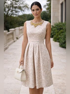 Eliza J Cream Brocade Pleated Midi Dress